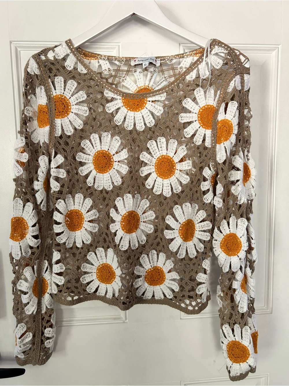 Crochet Daisy Long-Sleeve Top — Taupe with White & Orange Daisy Motifs